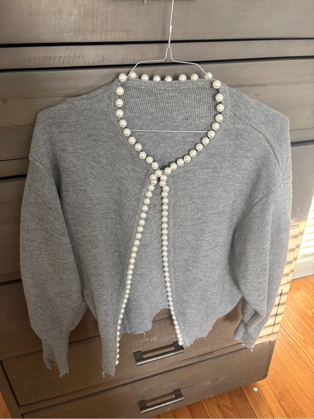 Gray Womens Pearl-Trim Knit Sweater
